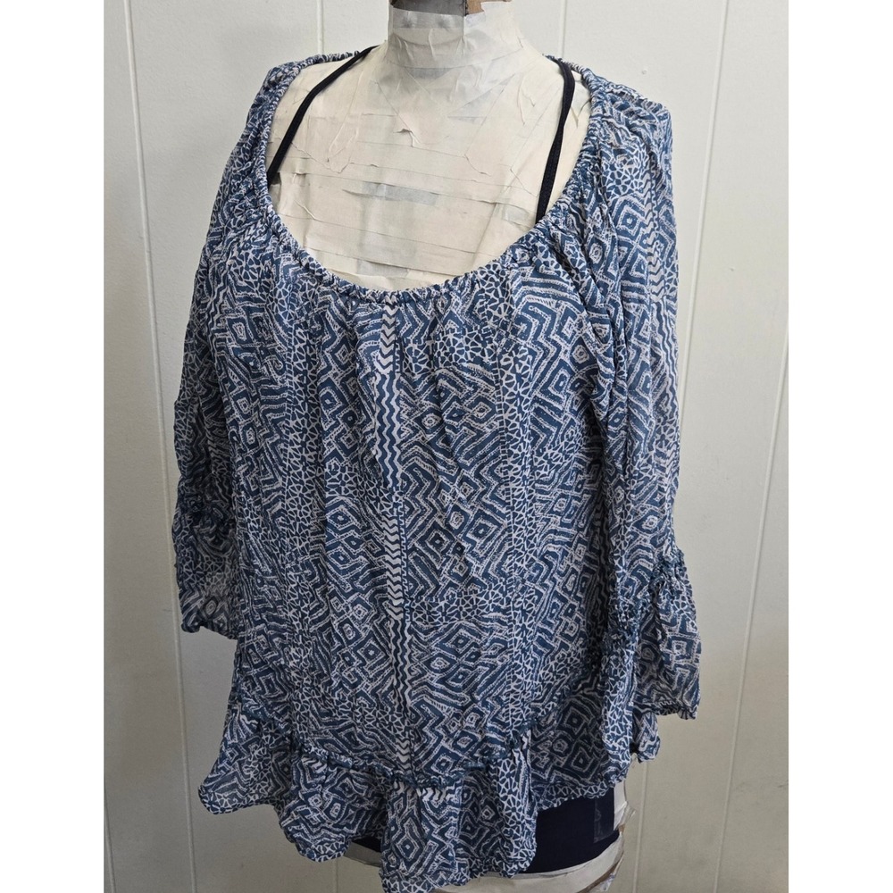 Lucky Brand Blue Geo Print Off Shoulder Blouse Top Ruffle Bell Sleeve M‎ Boho
